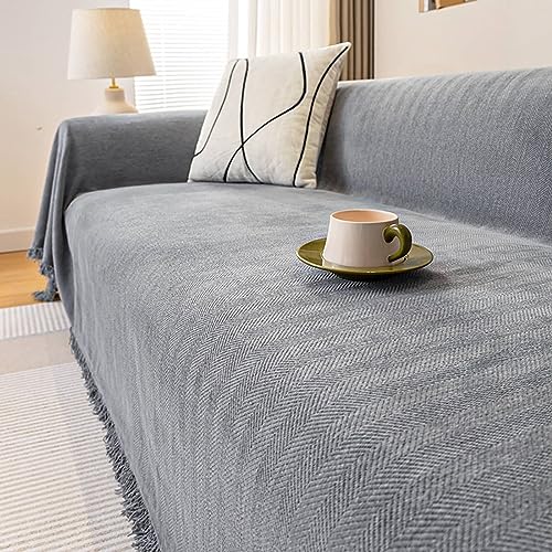 Homxi Sofabezug 4 Sitzer Ecksofa,180x420CM,Bezug Sofa Einfarbig mit Quaste Sofaüberwurf Chenille Sofa Handtuch Grau Sofabezüge von Homxi