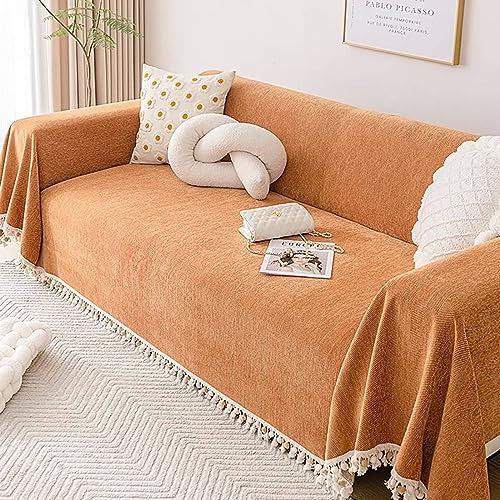 Homxi Sofaüberwurf 3 Sitzer,180x340CM,Sofa Universal Bezug Einfarbig mit Quaste Couch Überzug Chenille Sofa Handtuch Orange Couchbezug Universal von Homxi