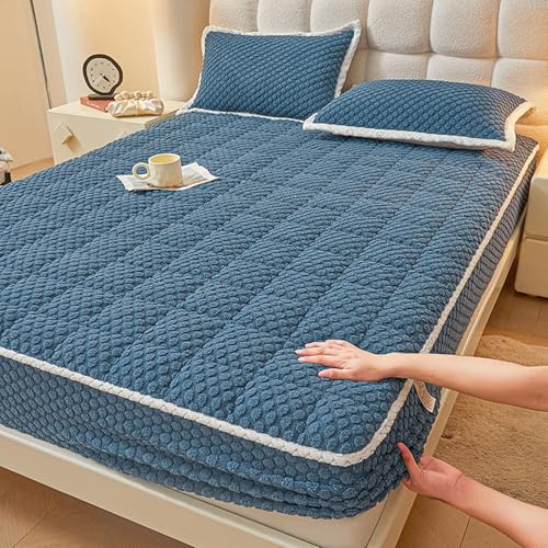 Homxi Spannbettlaken Doppelbett Topper mit Elasthan,90 x 200 cm,Bettlaken Dicke Matratze Flanell Einfarbige Farbe mit Kariertem Muster Bettbezüge Dunkelblau von Homxi