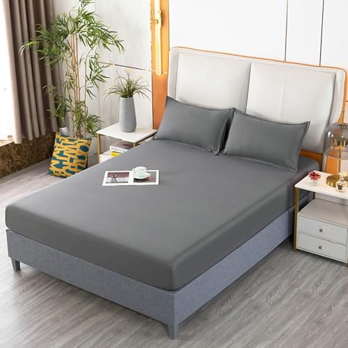 Homxi Spannbettlaken Elastisch mit 2 Kissenbezug,(180 x 220 cm),Spannbett Elastisch Einfarbig Bettlaken Dunkelgrau von Homxi