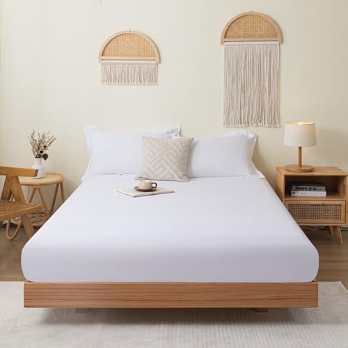 Homxi Spannbetttuch Boxspringbett,150 x 200 cm,Matratzenschoner Baumwolle Einfarbig Spannbetttuch Doppelbett Weiß von Homxi
