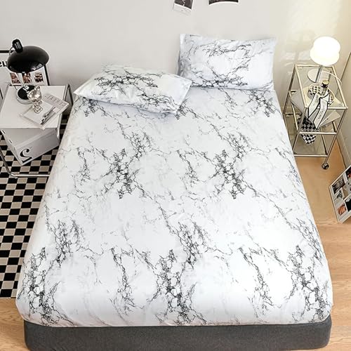 Homxi Spannbetttuch Doppelbett mit 2 Kissenbezug,(180 x 200 x 25 cm),Bettwäsche mit Elastisch Marmormuster Spannbetttücher mit Grau Weiß von Homxi