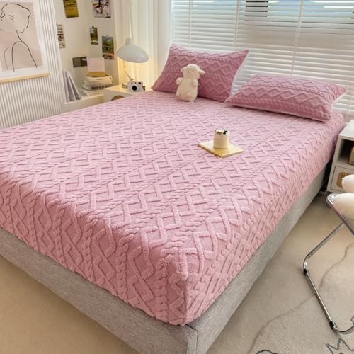 Homxi Spannleintuch Einzelbett mit 2 Kissenbezüge,(150 x 200 cm),Bettlaken Elastisch Einfarbig mit Rautenmuster Spannbetttuch mit Rosa von Homxi