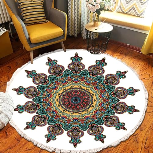Homxi Teppich Balkon Rund Boho 90 cm, Outdoor Teppiche Aus Polyester, Mandala Muster mit Quasten, Teppichboden Gelb Grün Braun von Homxi