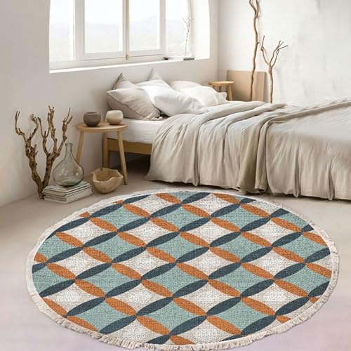 Homxi Teppich Flur Rund 100 cm, Garten Teppiche Polyester, Geometrisch Muster mit Quasten, Teppichboden Braun Grün Beige von Homxi