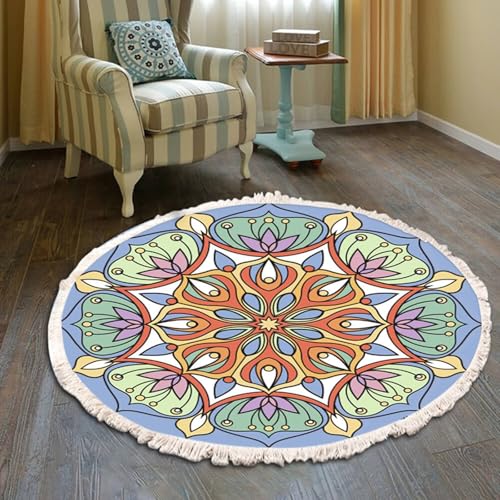 Homxi Teppich Küche Waschbar Rund 120 cm, Bettvorleger Polyester, Mandala Muster mit Quasten, Teppichboden Orange Hellgrün von Homxi