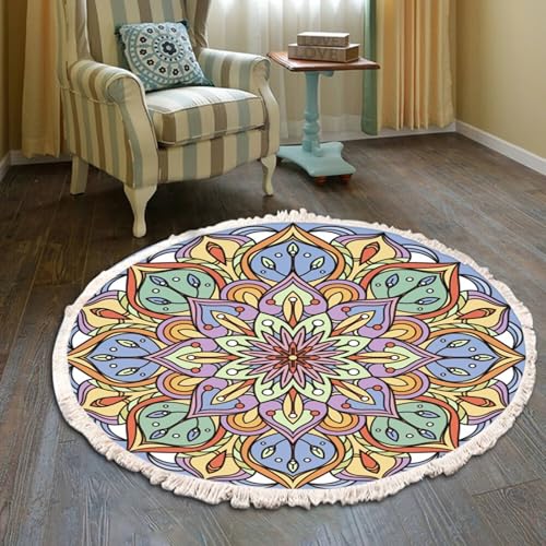 Homxi Teppich Outdoor Boho Rund 80 cm, Flur Teppiche Polyester, Mandala Muster mit Quasten, Teppichboden Helllila Orange Gelb von Homxi