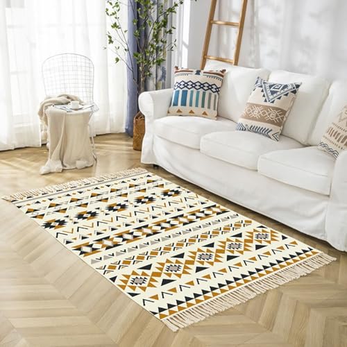 Homxi Teppich Rechteckig Outdoor Boho 90 x 180 cm, Flur Teppiche Baumwolle Leinen, Geometrisch Muster mit Quasten, Teppich Küche Khaki Schwarz von Homxi