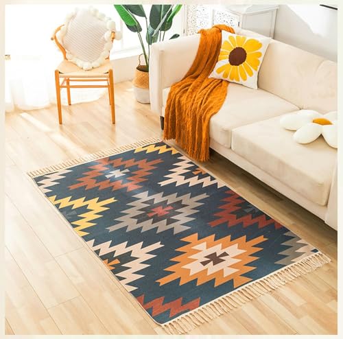 Homxi Teppich Rechteckig Waschbar 120 x 170 cm + 20 cm, Teppiche Kinderzimmer Baumwolle Polyester, Geometrisch Muster mit Quasten, Teppichboden Braun Gelb Orange von Homxi