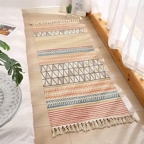 Homxi Teppich Rechteckig Waschbar 60 x 130 cm, Balkonteppich Baumwolle Polyester, Geometrisch Muster mit Quasten, Außenteppich Orange Blau Rot von Homxi