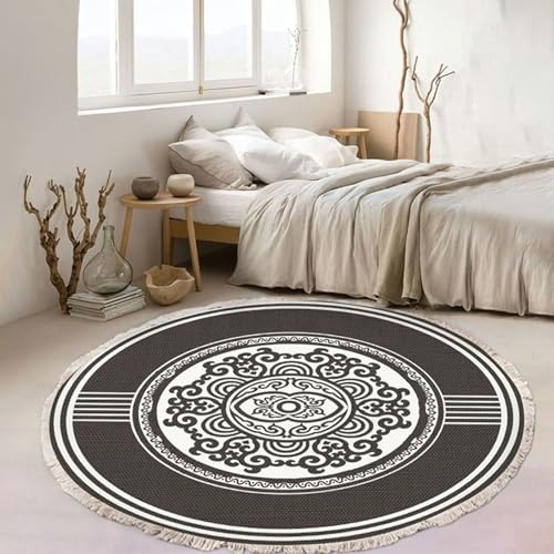Homxi Teppich Rund Nordisch 90 cm, Outdoorteppich Polyester, Blumenmuster mit Quasten, Teppichboden Dunkelbraun Weiß von Homxi