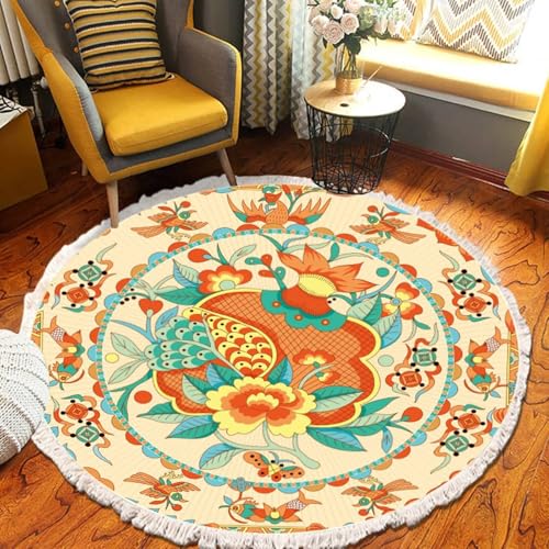 Homxi Teppich Rund Wohnzimmer 150 cm, Wohnzimmerteppich Polyester, Blumen- und Vogelmuster mit Quasten, Teppichboden Orange Gelb Beige von Homxi
