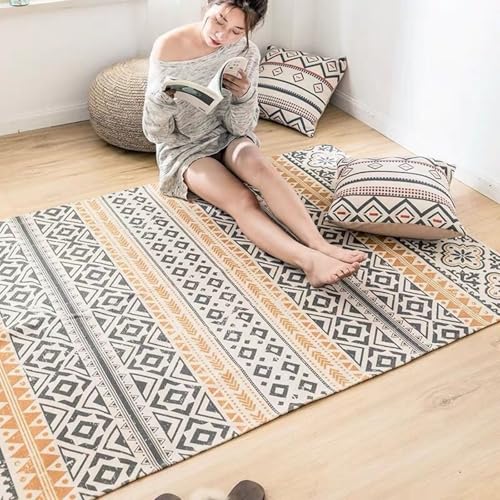 Homxi Teppich Rutsch Stop Rechteckig 85 x 180 cm, Fussmatte Leinen Baumwolle, Raute und Dreieckmuster, Grau Gelb Teppich Schlafzimmer von Homxi