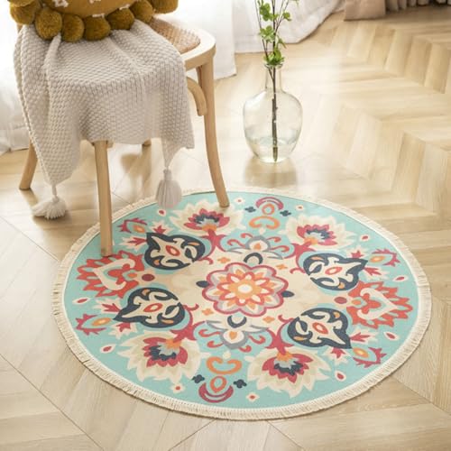 Homxi Teppich Waschbar Klein Rund 180 cm, Teppiche Outdoor Leinen Baumwolle, Blumenmuster mit Quasten, Teppichboden Blau Orange Schwarz von Homxi