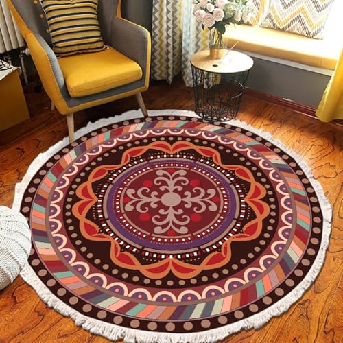 Homxi Teppich Waschbar Rund 180 cm, Teppiche Balkon Polyester, Mandala Muster mit Quasten, Teppichboden Orange Braun von Homxi