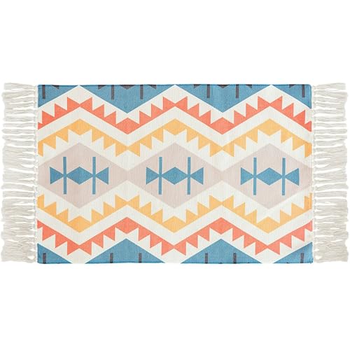 Homxi Teppich rutschfest Rechteckig 60 x 90 cm + 20 cm, Balkonteppich Polyester Baumwolle, Dreiecksmuster mit Quasten, Teppichboden Gelb Rot Blau von Homxi