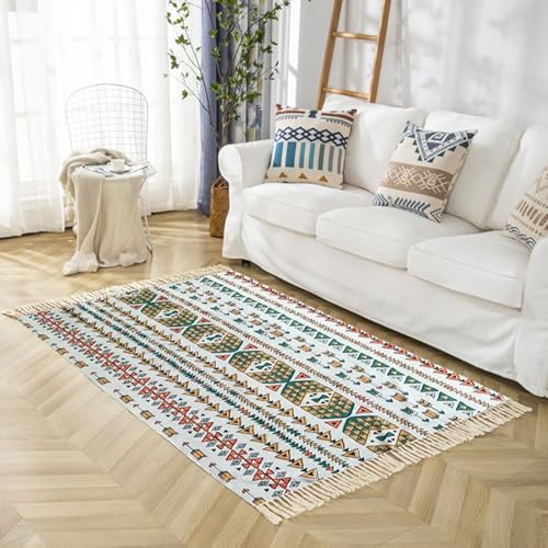Homxi Teppichboden Rechteckig 100 x 180 cm, Teppiche Balkon Leinen Baumwolle, Geometrisch Muster mit Quasten, Balkonteppich Bunt von Homxi