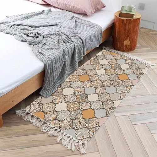 Homxi Teppichboden Rechteckig 60 x 90 cm, Teppiche Balkon Leinen Baumwolle, Geometrisch Muster mit Quasten, Khakibraun Teppich Wohnzimmer von Homxi