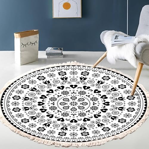 Homxi Teppichboden Rund 120 cm, Fussmatte Polyester, Blumenherz-Muster mit Quasten, Teppich Schwarz Weiß Boho von Homxi
