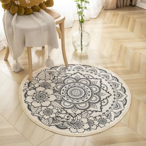 Homxi Teppichboden Rund 120 cm, Teppiche Outdoor Baumwolle Leinen, Mandala Blumen mit Quasten, Bettvorleger Schlafzimmer rutschfest Schwarz Beige von Homxi