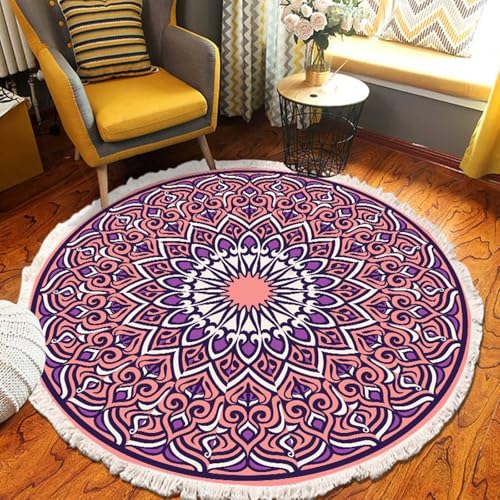 Homxi Teppichboden Rund 150 cm, Outdoor Teppiche Aus Polyester, Mandala Muster mit Quasten, Aussenteppich Rosa Lila von Homxi