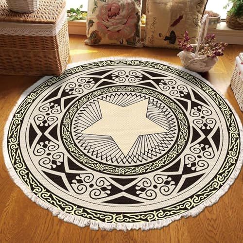 Homxi Teppichboden Rund 90 cm, Fussmatte Polyester, Sternmuster mit Quasten, Balkonteppich Schwarz Beige von Homxi