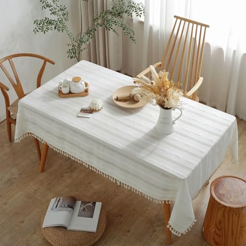 Homxi Tischdecke Outdoor Rechteckige 140 W x 180 L cm,Tischdecke Gartentisch Weiß Streifen mit Quasten Polyester Tischtuch für Gartentisch Homxi Tischdecke Outdoor Rechteckige 140 W x 180 L cm,Tischdecke Gartentisch Weiß Streifen mit Quasten Polyester Tischtuch für Gartentisch von Homxi
