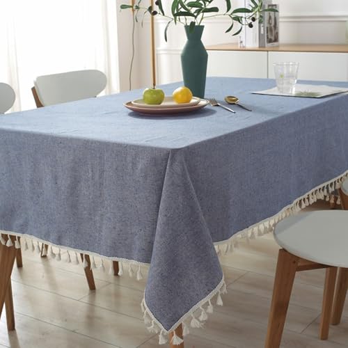 Homxi Tischdecke Rechteckig Klein 100 W x 140 L cm,Tischtuch Outdoor Blau Einfarbig mit Quaste Leinen Baumwolle Tischdecke für Draussen von Homxi