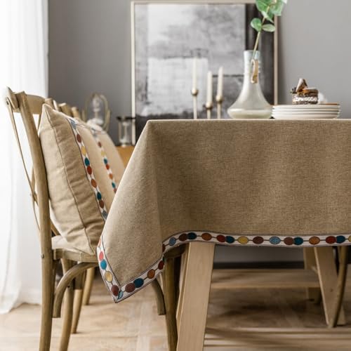 Homxi Tischdecke Rechteckige Groß 130 W x 200 L cm,Tischtuch Stehtisch Khaki Einfarbig mit Gestickte Bordüre Baumwolle Leinen Tischdecke für Draußen von Homxi