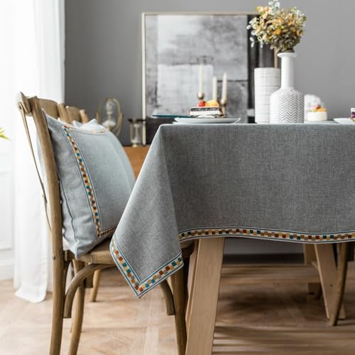 Homxi Tischdecken Rechteckig Stoff 130 W x 180 L cm,Tischdecke Wohnzimmertisch Grau Einfarbig mit Gestickte Bordüre Baumwolle Leinen Tischdekoration von Homxi