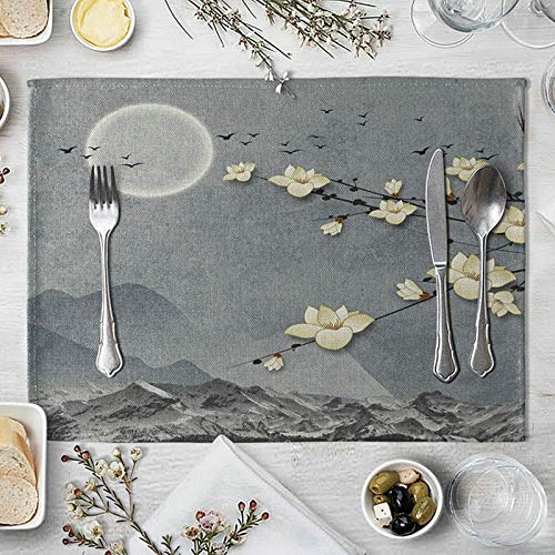 Homxi Tischset 2er Set Abwischbar Wasserdicht,40x30CM,Tischset Platzset Baumwolle Leinen Zweige von Blumen und Mond Platzset rutschfest Grau Weiß von Homxi