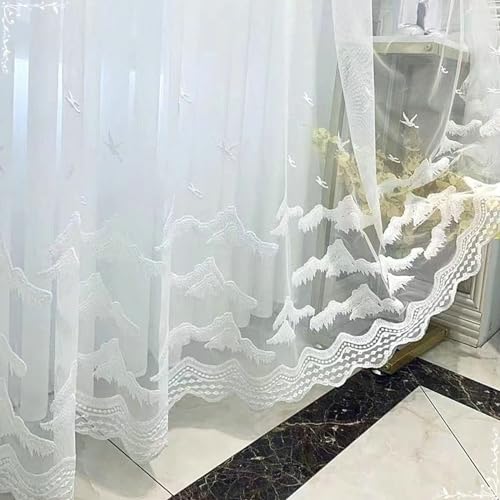 Homxi Transparent Vorhang Balkon 2er Set,2 x 107W x 229H cm,Vorhänge Tüll Weiß Wolken Stickerei Gardinen Ösen von Homxi