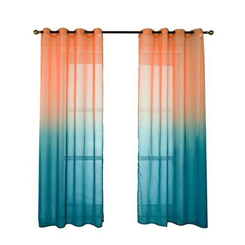 Homxi Tüll Gardine Küche 2er Set 2 x 132Wx240L cm,Gardinen Wohnzimmer Durchsichtig Blau Orange Farbverlauf Ösenvorhang Modern von Homxi