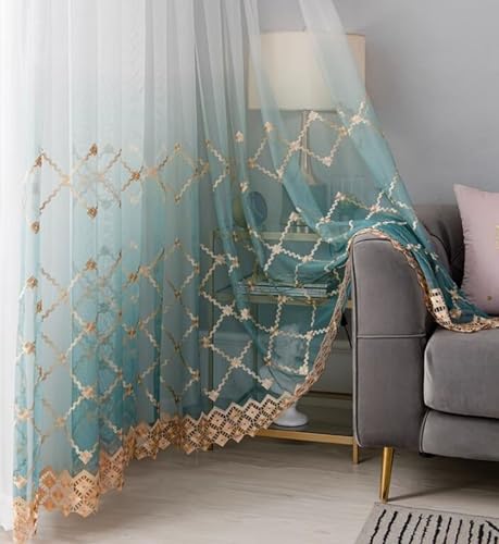 Homxi Tüll Vorhang Kinderzimmer 2er Set,2 x 137W x 244H cm,Vorhänge Schlafzimmer Transparent Grün Farbverlauf mit Rautenmuster Vorhang Raffhalter Haken von Homxi