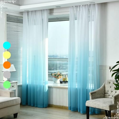 Homxi Voile Gardinen Transparent 2er Set,2 x 132W x 115H cm,Gardinen mit Tüll Blau Verlaufsfarbe Gardinenband Haken von Homxi