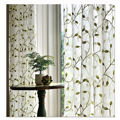Homxi Voile Gardinen Vorhang 2er Set 2 x 132W x 244H cm,Tüll Gardinen Grün Zweig und Blätter Ösen Gardinen von Homxi