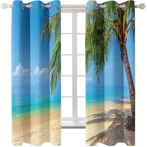 Homxi Vorhänge Blickdicht und Wärmeisolierend 2 Stück,2 x 132W x 183H cm,Vorhang mit Ösen Palmstrand Landschaft Moderne Gardinen Wohnzimmer Braun Grün Blau von Homxi
