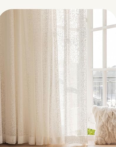 Homxi Vorhänge Durchsichtig Schlafzimmer 2er Set,2 x 107W x 214H cm,Vorhang für Küchen Modern Beige Weiß Einfarbig mit Jacquard Wohnzimmer Vorhänge Modern Set mit Ösen von Homxi