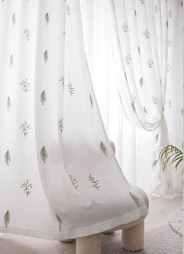 Homxi Vorhänge Durchsichtig Schlafzimmer 2er Set,2 x 137W x 214H cm,Halbtransparente Vorhänge Weiß Grün Blätter Muster Küchengardinen Modern mit Ösen von Homxi