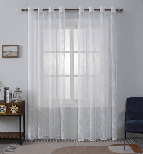 Homxi Vorhänge Transparent 2er Set,2 x 107W x 115H cm,Voile Gardinen Transparent Weiß Blüten und Blattmuster Ösenvorhang Wohnzimmer von Homxi