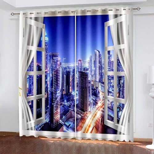 Homxi Vorhang Schlafzimmer Blickdicht 2er Set,2 x 107W x 214H cm,Vorhänge Ösenringe Fenster und Stadtnachtlandschaft Schlafzimmer Vorhänge Dunkelblau Weiß Modern Homxi Vorhang Schlafzimmer Blickdicht 2er Set,2 x 107W x 214H cm,Vorhänge Ösenringe Fenster und Stadtnachtlandschaft Schlafzimmer Vorhänge Dunkelblau Weiß Modern von Homxi