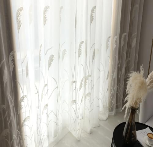 Homxi Vorhang Schlafzimmer Transparent 2er Set,2 x 102W x 138H cm,Küchenvorhang Halbtransparent Weiß Blätter Muster Ösenvorhang Modern von Homxi