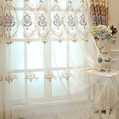 Homxi Vorhang mit Tüll 2er Set,2 x 137W x 160H cm,Vorhänge Wohnzimmer Tüll Gelb Beige Blumen Stickmuster Vorhänge Haken von Homxi