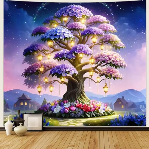 Homxi Wandteppich Baumhaus 300 x 256 CM Wandteppich Zauberwald,Wandteppich Psychedelic Wald Schlafzimmer Wandteppich,Wandteppich Lila Rosa Blau von Homxi