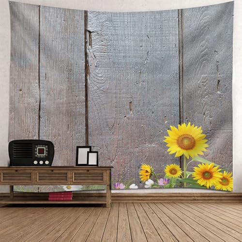 Homxi Wandteppich Klein 350 W x 256 H CM, ​​Holzbrett und Blumen​​, Polyester Wandteppich Kinderzimmer Wanddeko, Grau Gelb von Homxi