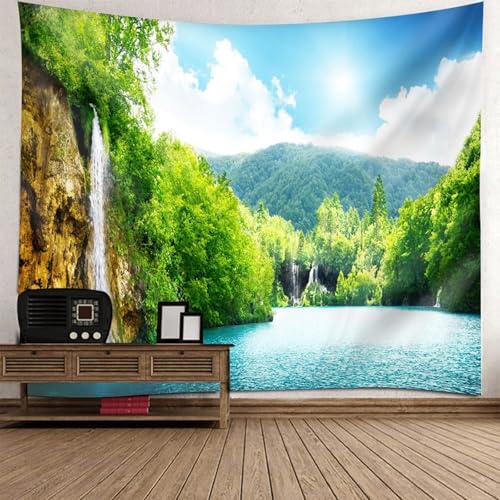 Homxi Wandteppich Klein Querformat 200 x 200 CM,See und Baumlandschaften Polyester Wandteppich Wohnzimmer Grün Blau von Homxi