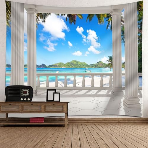 Homxi Wandteppich Klein Querformat 350 W x 256 H CM, Balkon und Meer Landschaft, Polyester Tapestries, Blau Grün von Homxi