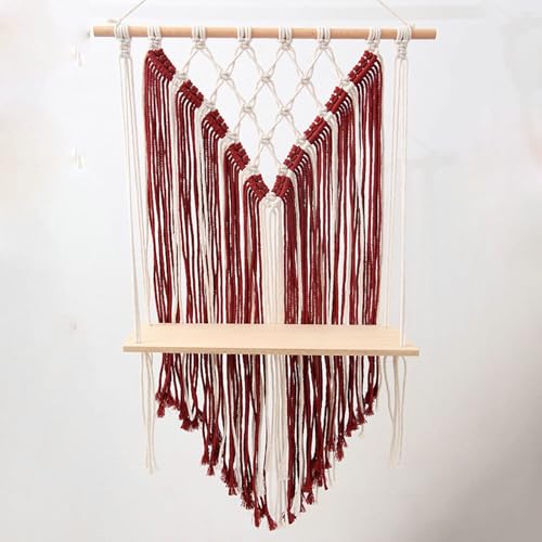 Homxi Wandteppich Makramee Boho 50x60CM,Wandteppich Boho Shelf Wandteppich Outdoor Boho Holz mit Gewebt Quasten Wandbehang Gewebt Rot von Homxi
