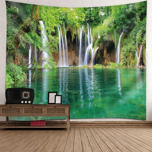 Homxi Wandteppich Modern Wohnzimmer 300 W x 256 H CM, Wasserfalllandschaft, Polyester Wandteppich Room Decor, Grün Weiß Braun von Homxi