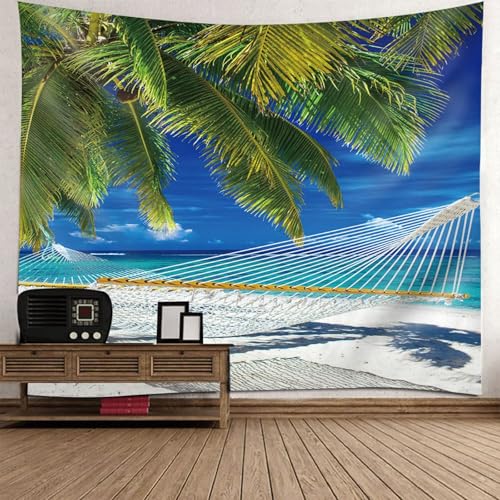 Homxi Wandteppich Moderne Kunst Wohnzimmer 210 W x 140 H CM, Hängematten und Strandlandschaft, Wand Teppiche Polyester, Grün Blau von Homxi